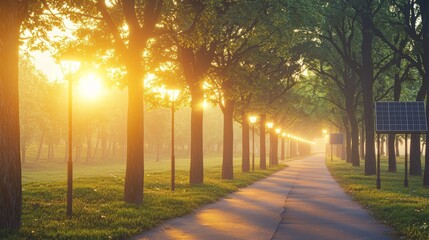 Obraz premium A bird's-eye view of a park's walking path adorned with solar-powered street lights that activate at sunset