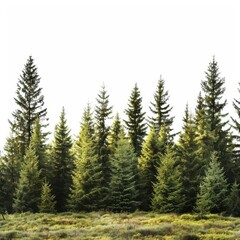 Fototapeta premium Lush Evergreen Forest Landscape with Sunlight and Greenery