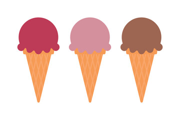 Ice cream scoop and waffle cone. Ice cream icons set. Ice cream in waffle cone of different flavors. Isolated vector illustration in flat style.