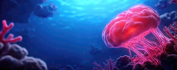 Obraz premium Ocean acidification concept. Vibrant jellyfish swimming gracefully in a serene underwater landscape.