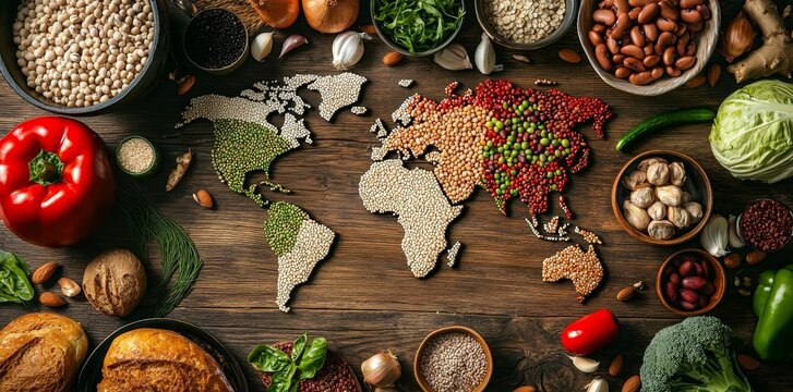 In the middle of the table, a world map is encircled by diverse foods showcasing global cuisines
