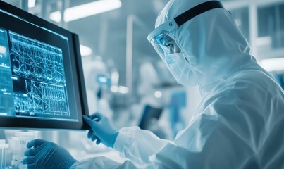 Scientist Analyzing Data on Multiple Screens in High-Tech Laboratory