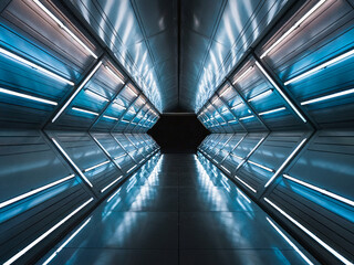 Obraz premium A symmetric futuristic corridor illuminated with neon blue lights creating a striking visual impression