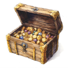 Medieval Wooden Treasure Chest Filled with Gold Coins and Gems