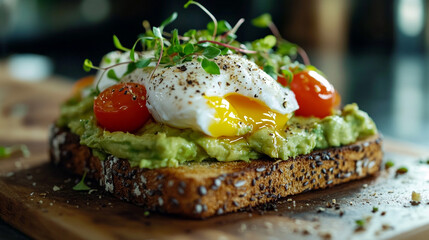 Delicious avocado toast with poached egg and tomatoes perfect breakfast food healthy recipe gourmet