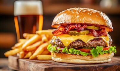 Juicy Bacon Cheeseburger with Crispy Fries on Wooden Table