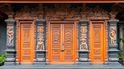 Fototapeta premium Ornate wooden doors and wall in temple