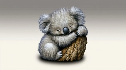 Sleeping koala on tree stump, grey background, cute illustration, kids book
