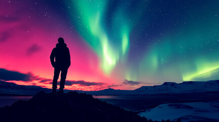 Fototapeta premium Silhouette of a guy with the beautiful colorful northern lights falling from the sky in Iceland in a stunning clear and nice lights with the sky full of stars. Aurora borealis. Travel concepts