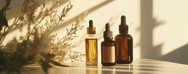 Nourishing beauty oils in amber bottles, illuminated by soft sunlight, create serene atmosphere. delicate floral accents enhance tranquil setting