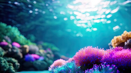 Ocean acidification concept. Vibrant underwater scene filled with colorful corals and sunlight filtering through water.