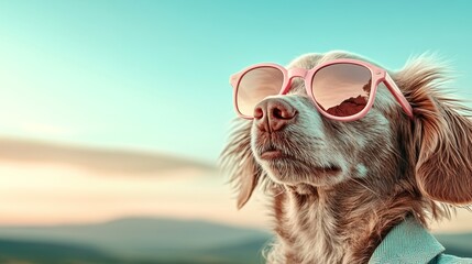 Dog wearing sunglasses and a pink shirt is standing in front of a blue sky. The dog's sunglasses are pink and it looks like it's enjoying the sunny day