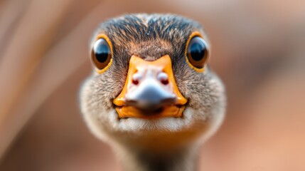 Duck with an orange beak and yellow eyes is looking at the camera. The duck's beak is open, and it is smiling