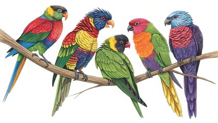 A colorful assembly of macaws, showcasing their diverse and vivid plumage, perched together on rustic branches amidst dense green leaves.  This image highlights the social nature and brilliant colorat