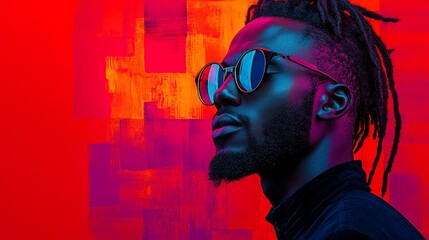 Man with a beard and sunglasses is standing in front of a red background. The image has a bold and vibrant feel to it, with the red and orange colors creating a sense of energy and excitement