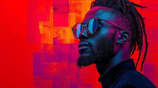 Man with a beard and sunglasses is standing in front of a red background. The image has a bold and vibrant feel to it, with the red and orange colors creating a sense of energy and excitement
