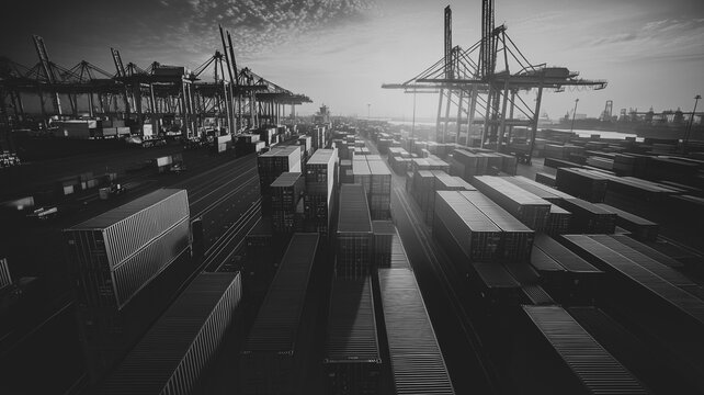 Global Trade: A grayscale aerial view of a busy port, filled with stacked shipping containers and towering cranes against a dramatic sky.