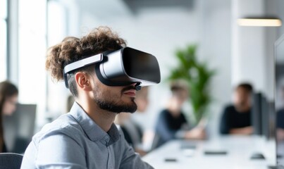 Young Man Using Virtual Reality Headset in Modern Office