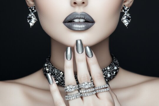 A close-up of a woman's hands adorned with jewelry rings showcases beauty and fashion, highlighting makeup and manicure