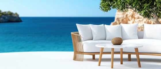 Obraz premium A modern outdoor seating area with a white sofa and a coffee table, overlooking a serene ocean view, perfect for relaxation.