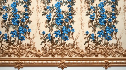 Obraz premium Ornate vintage wallpaper with intricate floral patterns and blue flowers, showcasing elegant decorative design.
