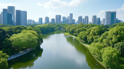 Obraz premium Peaceful cityscape with a lush park and reflective river surrounded by modern skyscrapers under a clear blue sky.