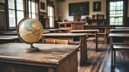 Nostalgic school setting with vintage student desks, an aged wooden teacher's desk, and a globe