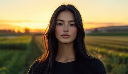 Fototapeta premium Young woman standing in a field during sunset in rural area