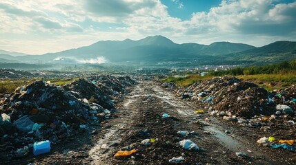 An overflowing landfill site with mountains of trash, visualizing the environmental impact of waste management