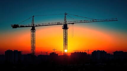 Fototapeta premium Construction crane at sunset over city skyline