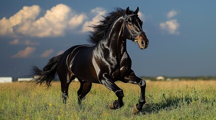 Fototapeta premium Black horse running field dramatic sky