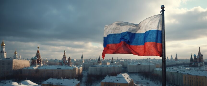 Rusian flag waving in the air.