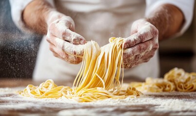 Chef Making Fresh Handmade Pasta with Flour in Rustic Kitchen