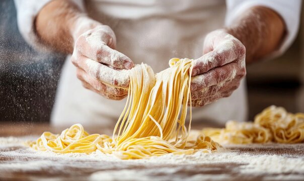 Chef Making Fresh Handmade Pasta with Flour in Rustic Kitchen