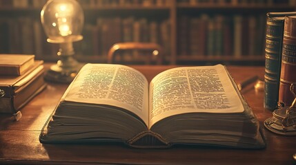 Open book on a wooden school desk, soft light falling on pages, classic study scene
