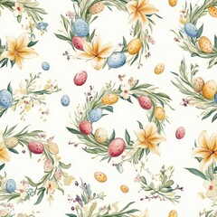 Seamless Elegant Easter Wreath Pattern with Lilies and Colorful Eggs