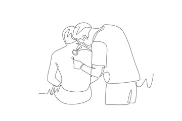 A dermatologist is examining the skin on a male patient's back. Visiting dermatologists concept one-line drawing