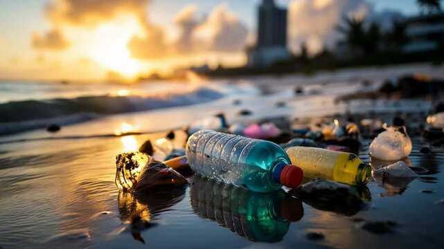 Plastic bottles and various trash accumulate on the shore with modern city in the background. illuminated by a beautiful sunset. City pollution concept.