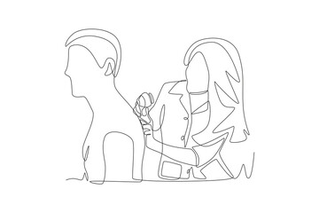 A dermatologist is examining the skin on a male patient's back. Visiting dermatologists concept one-line drawing