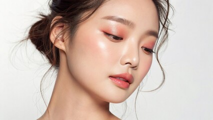 Delicate beauty image featuring a young Asian woman with flawless, dewy skin and natural, light makeup, styled with soft, wavy hair, on a clean, neutral backdrop