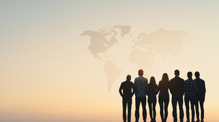 Global Visionaries: A united group of individuals, silhouetted against a serene, pastel sky, gazing towards the projected outline of a world map, symbolizing global reach and shared aspirations. 