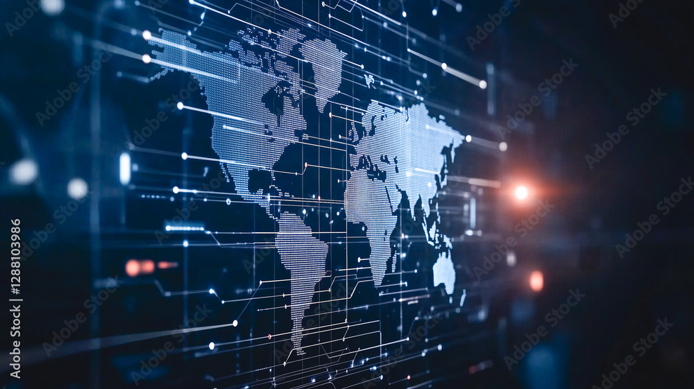Poster global network: a captivating digital rendering of the world map, interwoven with a complex network 