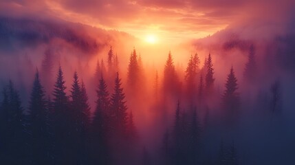 Naklejka premium Glowing Frost Covered Trees in a Serene Winter Wonderland Sunset Landscape