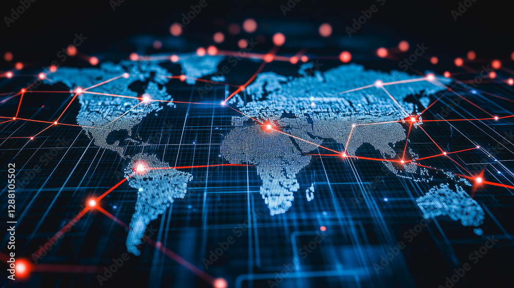 Poster global connectivity: a stunning, futuristic visualization of a digital world map, with interconnecte