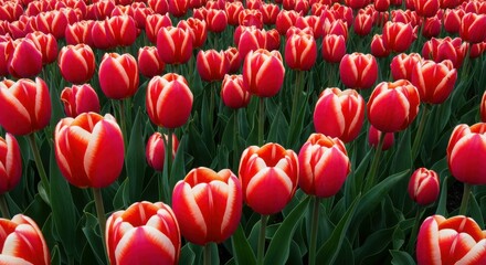 Vibrant field of red tulips in bloom on a sunny day