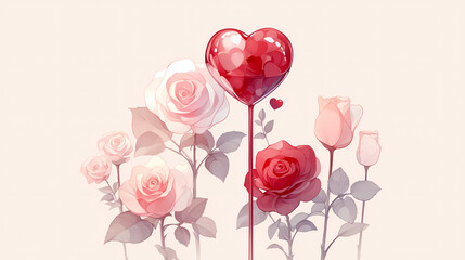 A heart-shaped lollipop stands tall amidst a cluster of delicate roses in varying shades of pink and red. A romantic illustration.