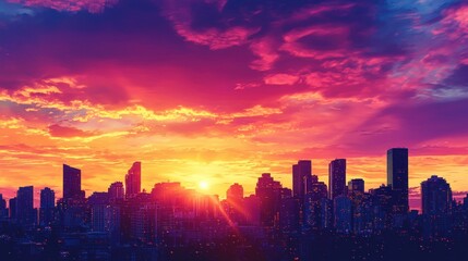 Obraz premium Vibrant Cityscape Sunset: A breathtaking panorama of a city skyline silhouetted against a fiery sunset, painting the sky with vivid hues of orange, pink, and purple.