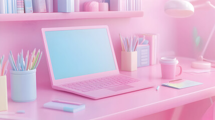 workspace with a pink laptop, coffee cup, and stationery neatly arranged on a pastel pink desk 