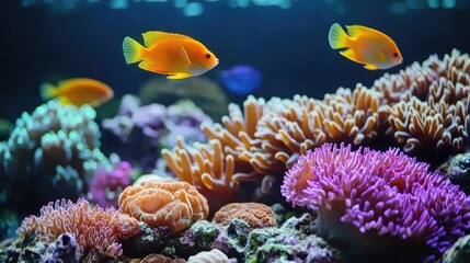 Obraz premium Ocean acidification concept. Vibrant underwater scene with colorful coral and lively fish swimming.