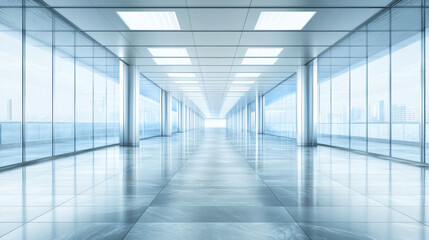 A modern, spacious corridor with glass walls, reflecting light and creating a bright, airy atmosphere